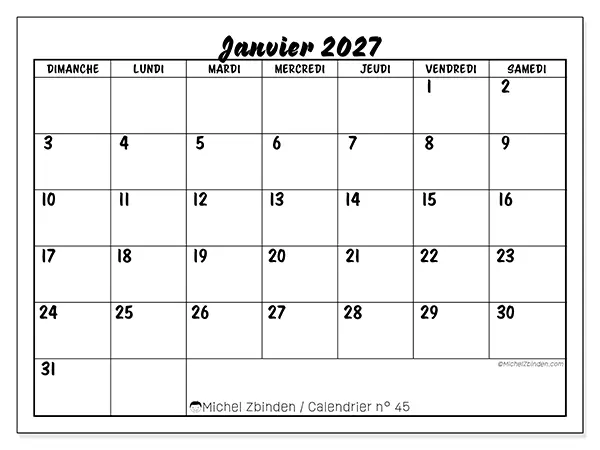 Calendrier janvier 2027 à imprimer - Réussite scolaire - Semaine : dimanche à samedi