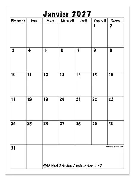 Calendrier janvier 2027 à imprimer - Planning efficace - Semaine : dimanche à samedi
