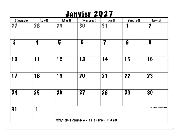 Calendrier janvier 2027 à imprimer - Planification complète - Semaine : dimanche à samedi