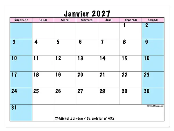 Calendrier janvier 2027 à imprimer - Horaire d’équipe - Semaine : dimanche à samedi