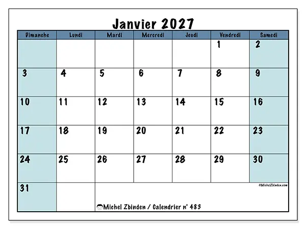 Calendrier janvier 2027 à imprimer - Structuré pour l’école - Semaine : dimanche à samedi