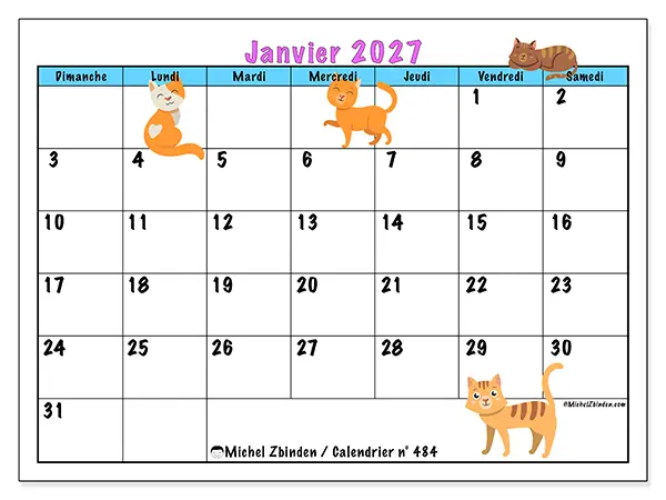 Calendrier janvier 2027 à imprimer - Amour des chats - Semaine : dimanche à samedi