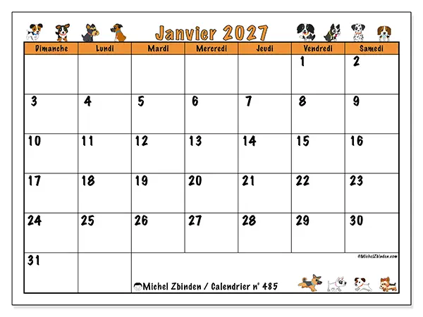 Calendrier janvier 2027 à imprimer - Chiens enthousiastes - Semaine : dimanche à samedi