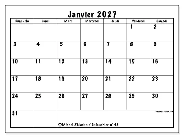 Calendrier janvier 2027 à imprimer - Efficacité quotidienne - Semaine : dimanche à samedi