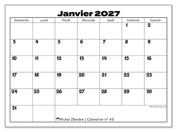 Calendrier janvier 2027 à imprimer - Coordination productive - Semaine : dimanche à samedi