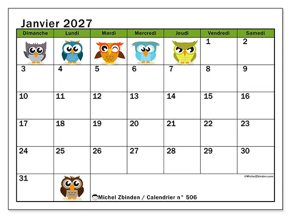 Calendrier janvier 2027 à imprimer - Hiboux amusants - Semaine : dimanche à samedi