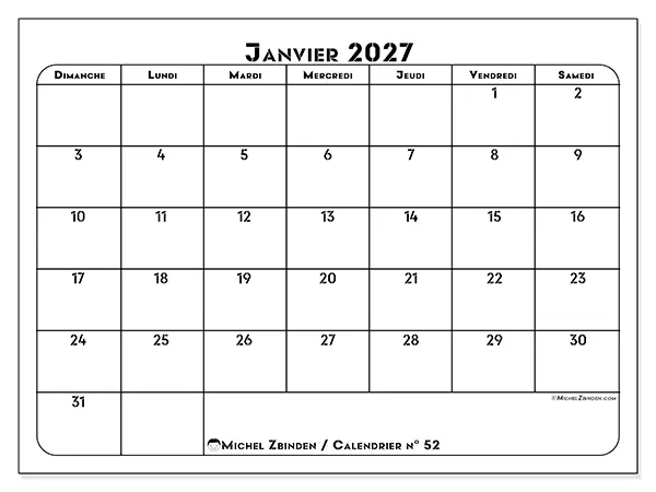 Calendrier janvier 2027 à imprimer - Organisation professionnelle - Semaine : dimanche à samedi