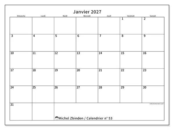 Calendrier janvier 2027 à imprimer - Horaire efficace - Semaine : dimanche à samedi