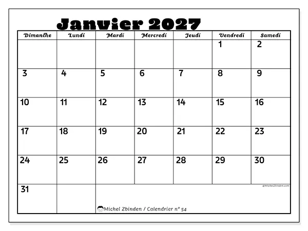 Calendrier janvier 2027 à imprimer - Activités en famille - Semaine : dimanche à samedi