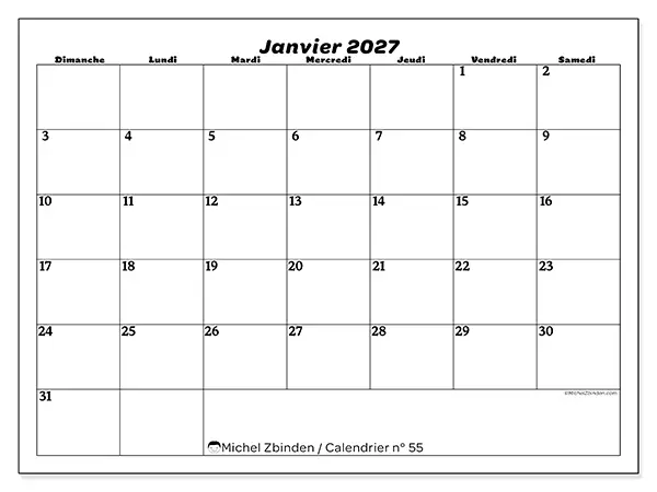 Calendrier janvier 2027 à imprimer - Organisation des loisirs - Semaine : dimanche à samedi