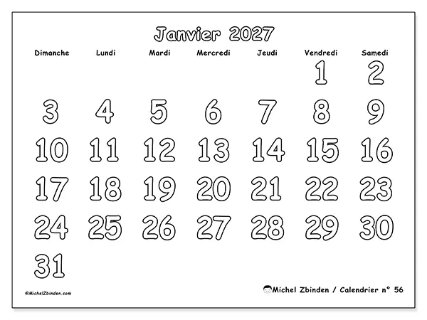 Calendrier janvier 2027 à imprimer - Coloriage utile - Semaine : dimanche à samedi