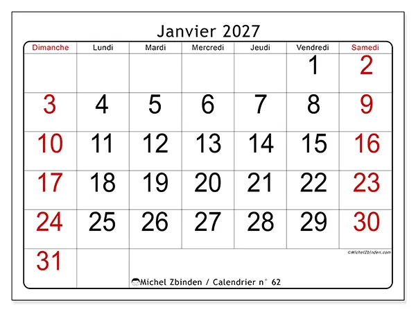 Calendrier janvier 2027 à imprimer - Lecture rapide - Semaine : dimanche à samedi