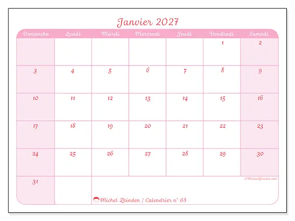 Calendrier janvier 2027 à imprimer - Organisation en douceur - Semaine : dimanche à samedi