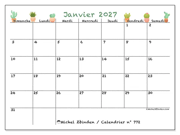 Calendrier janvier 2027 à imprimer - Cactus décoratifs - Semaine : dimanche à samedi