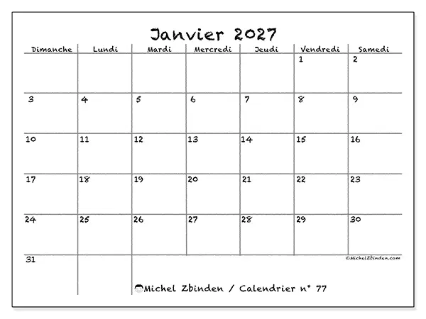 Calendrier janvier 2027 à imprimer - École et famille - Semaine : dimanche à samedi