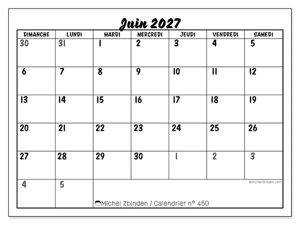Calendrier juin 2027 à imprimer - Organisation détaillée - Semaine : dimanche à samedi