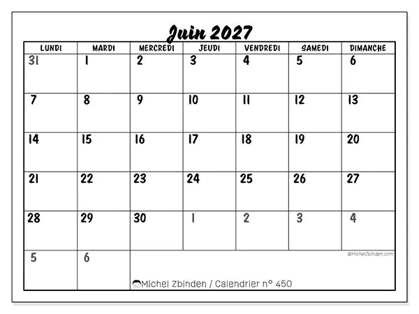 Calendrier juin 2027 à imprimer - Organisation détaillée