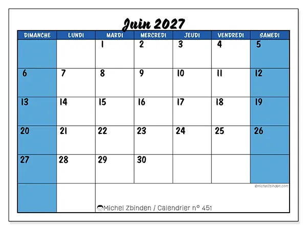 Calendrier juin 2027 à imprimer - Organisation dynamique - Semaine : dimanche à samedi