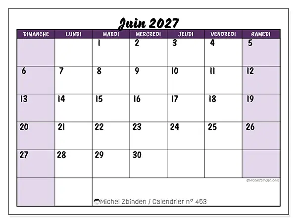 Calendrier juin 2027 à imprimer - Efficacité colorée - Semaine : dimanche à samedi