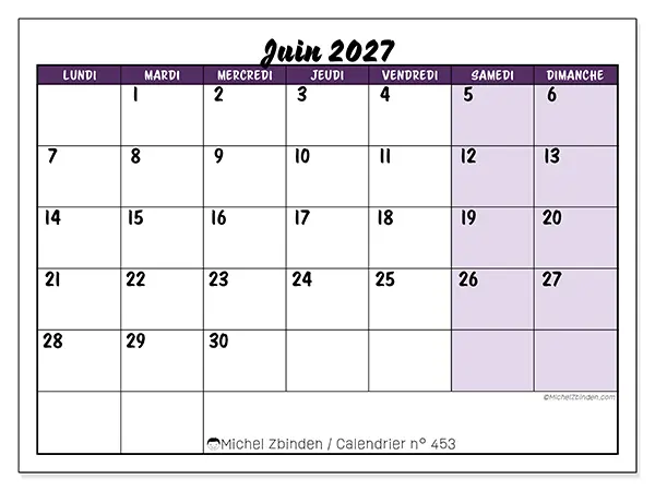 Calendrier juin 2027 à imprimer - Efficacité colorée