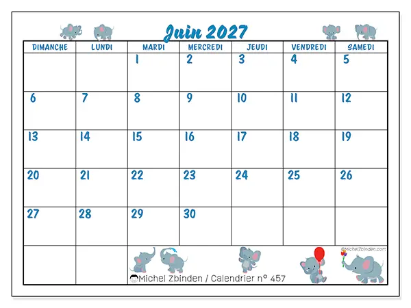 Calendrier juin 2027 à imprimer - Petits éléphants - Semaine : dimanche à samedi