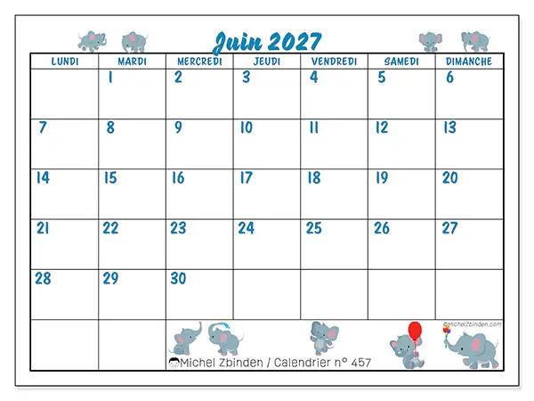 Calendrier juin 2027 à imprimer - Petits éléphants