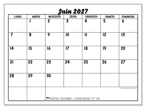 Calendrier juin 2027 à imprimer - Réussite scolaire