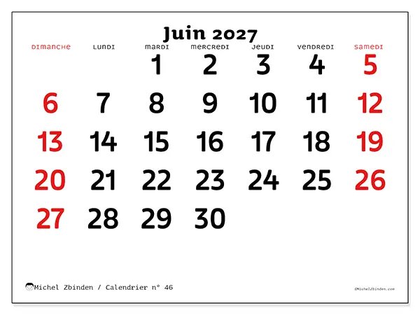 Calendrier juin 2027 à imprimer - Vision claire - Semaine : dimanche à samedi