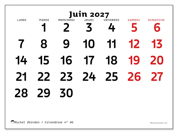 Calendrier juin 2027 à imprimer - Vision claire