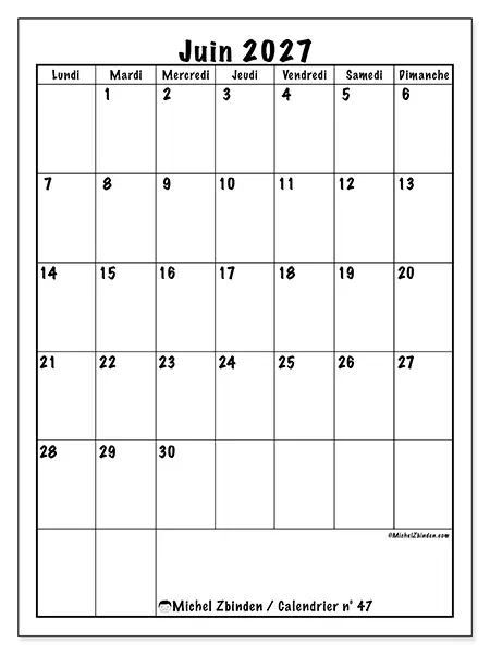 Calendrier juin 2027 à imprimer - Planning efficace