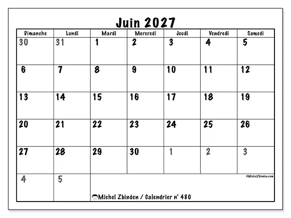 Calendrier juin 2027 à imprimer - Planification complète - Semaine : dimanche à samedi