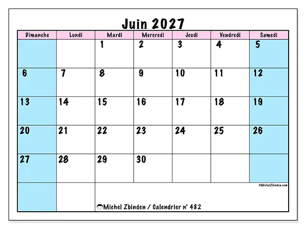 Calendrier juin 2027 à imprimer - Horaire d’équipe - Semaine : dimanche à samedi