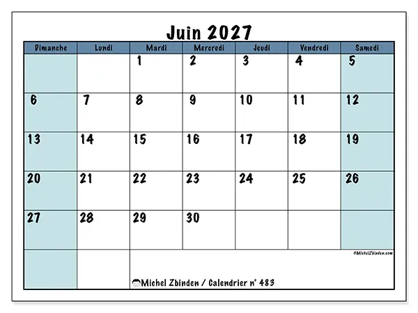 Calendrier juin 2027 à imprimer - Structuré pour l’école - Semaine : dimanche à samedi