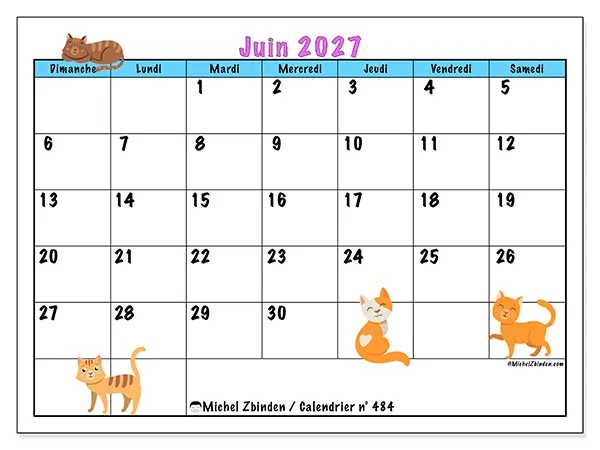 Calendrier juin 2027 à imprimer - Amour des chats - Semaine : dimanche à samedi