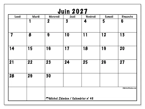 Calendrier juin 2027 à imprimer - Efficacité quotidienne
