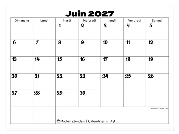 Calendrier juin 2027 à imprimer - Coordination productive - Semaine : dimanche à samedi