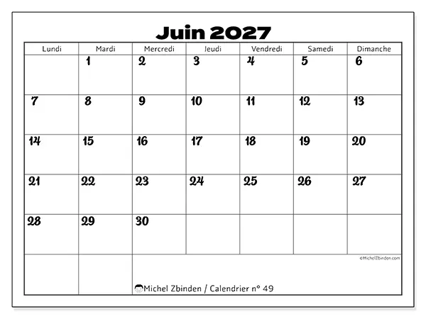Calendrier juin 2027 à imprimer - Coordination productive