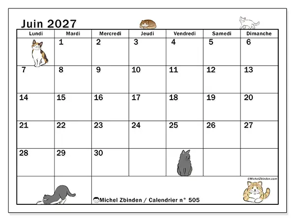 Calendrier juin 2027 à imprimer - Vie de chat