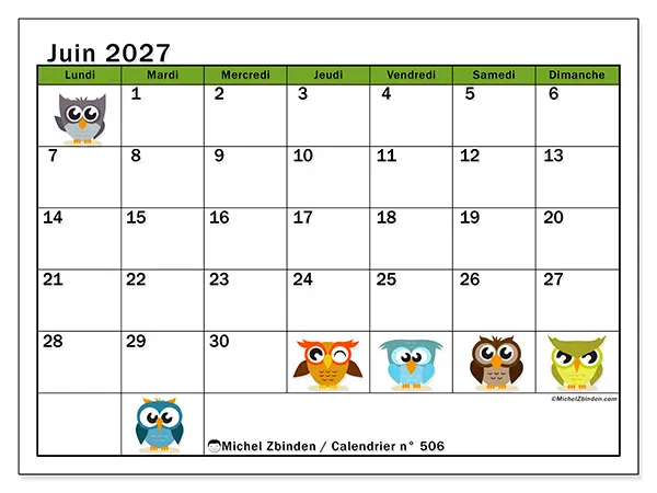 Calendrier juin 2027 à imprimer - Hiboux amusants