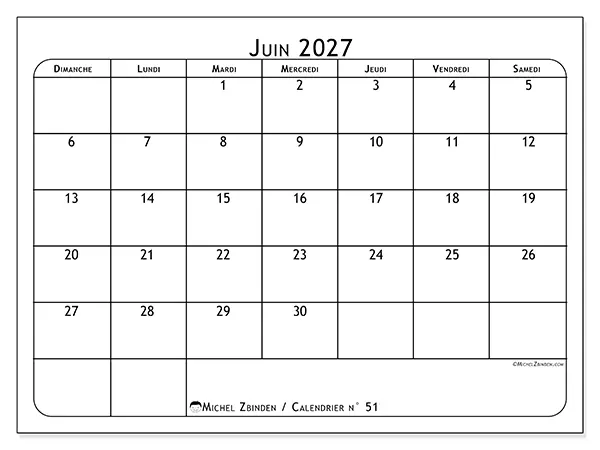 Calendrier juin 2027 à imprimer - Programme des repas - Semaine : dimanche à samedi