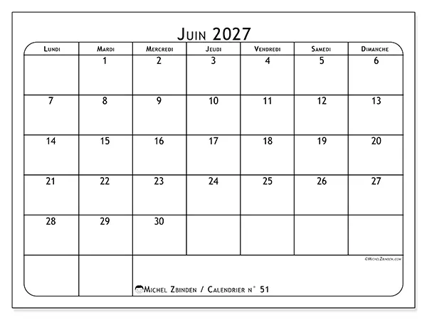 Calendrier juin 2027 à imprimer - Programme des repas