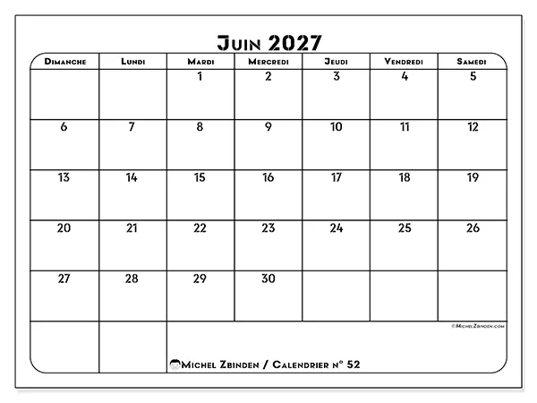 Calendrier juin 2027 à imprimer - Organisation professionnelle - Semaine : dimanche à samedi