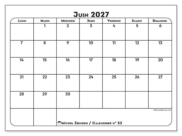 Calendrier juin 2027 à imprimer - Organisation professionnelle