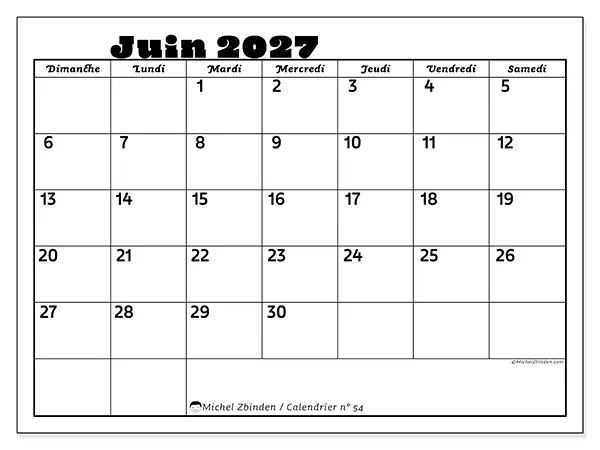 Calendrier juin 2027 à imprimer - Activités en famille - Semaine : dimanche à samedi