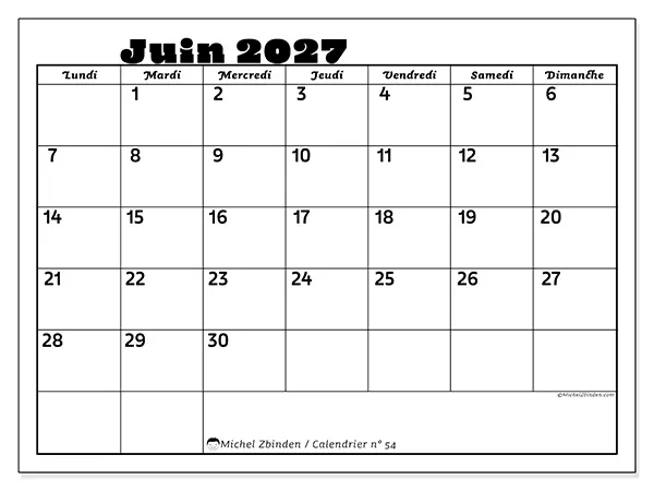Calendrier juin 2027 à imprimer - Activités en famille