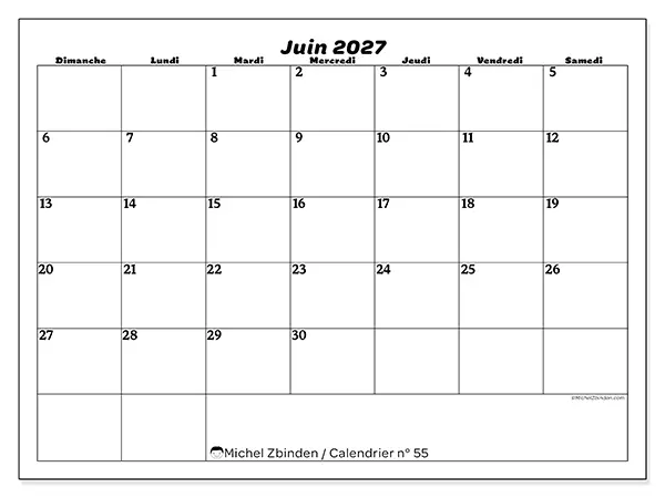 Calendrier juin 2027 à imprimer - Organisation des loisirs - Semaine : dimanche à samedi