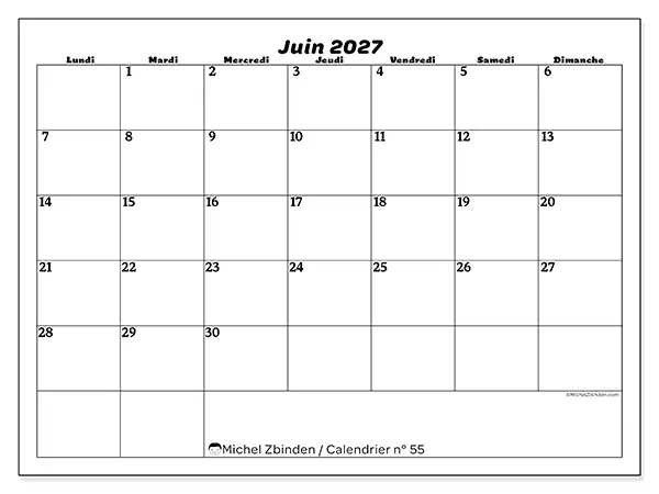Calendrier juin 2027 à imprimer - Organisation des loisirs