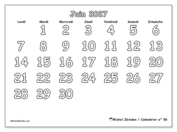 Calendrier juin 2027 à imprimer - Coloriage utile