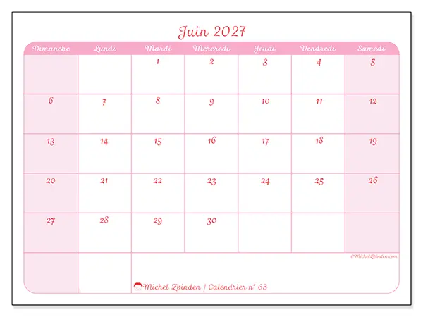 Calendrier juin 2027 à imprimer - Organisation en douceur - Semaine : dimanche à samedi