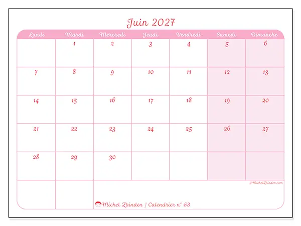 Calendrier juin 2027 à imprimer - Organisation en douceur
